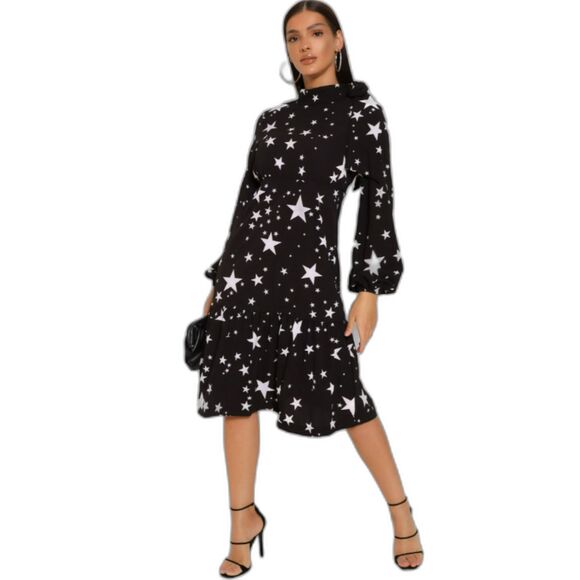 Women's boohoo Black and White Star Print Tie Neck Midi Dress Size 4 - Picture 1 of 6